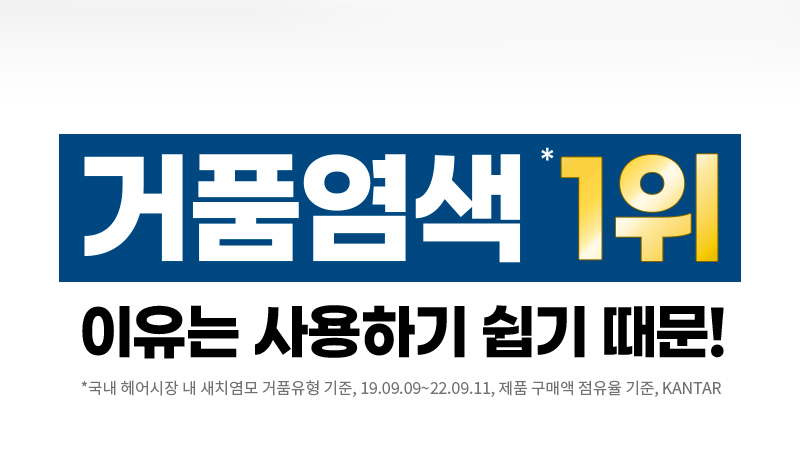 거품염색 *1위 이유는 사용하기 쉽기 때문! / *국내 헤어시장 내 새치염모 거품유형 기준, 19.09.09~22.09.11, 제품 구매액 점유율 기준, KANTAR