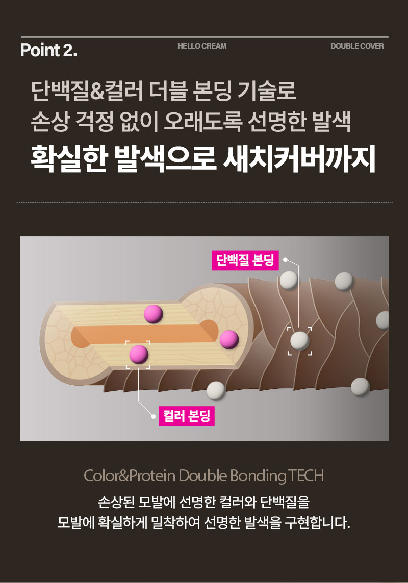 Point 2. 단백질&컬러 더블 본딩 기술로 손상 걱정 없이 오래도록 선명한 발색 확실한 발색으로 새치커버까지