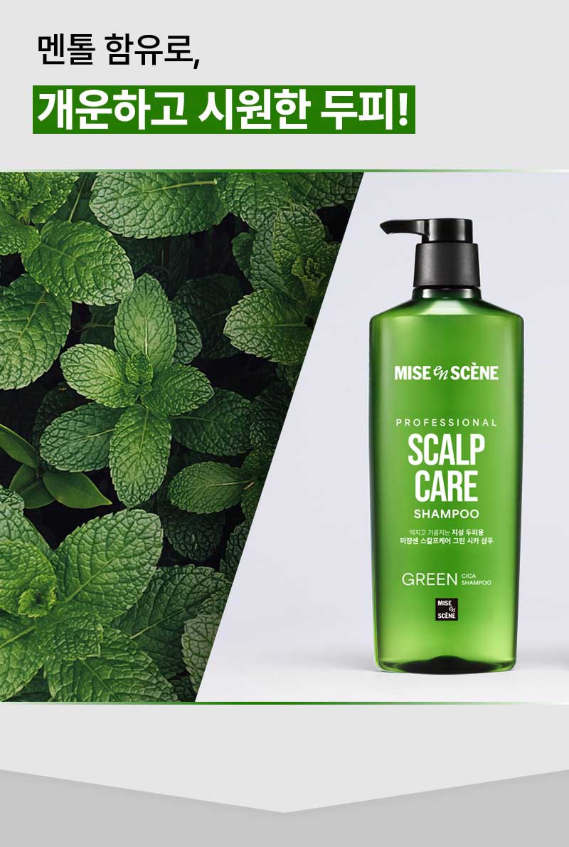 멘톨 함유로, 개운하고 시원한 두피! 멘톨잎과 미쟝센 스칼프케어 그린 시카 샴푸