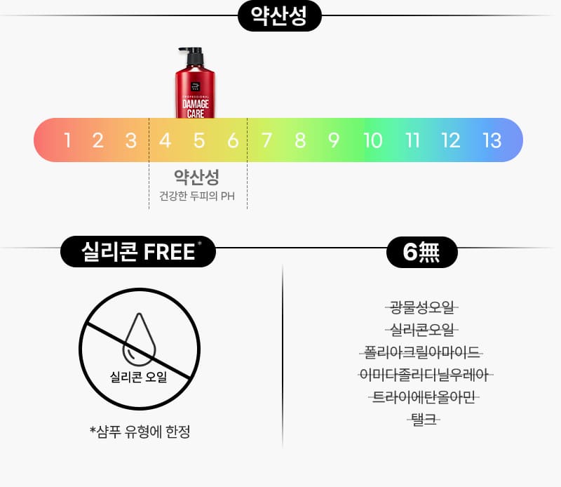 약산성 1~13중 건강한 두피와 같은 농도인 PH 4~6에 해당 / 실리콘 FREE* 실리콘 오일 *샴푸 유형에 한정 / 6無 광물성오일 실리콘오일, 폴리아크릴아마이드, 이미다졸리디닐우레아,트라이에탄올아민, 탤크