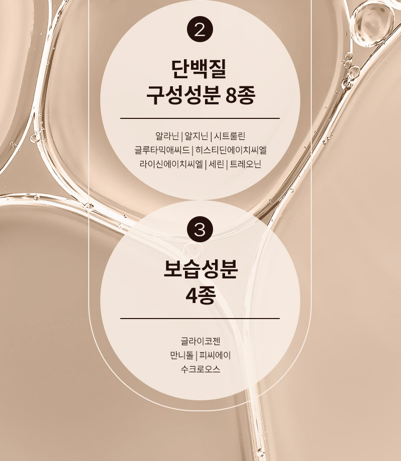 2.단백질 구성성분 8종 : 알라닌, 알지닌, 시트룰린, 글루타믹애씨드, 히스티딘에이치씨엘, 라이신에이치씨엘, 세린, 트레오닌. 3.보습성분 4종 : 글라이코젠, 만니톨, 피씨에이, 수크로오스