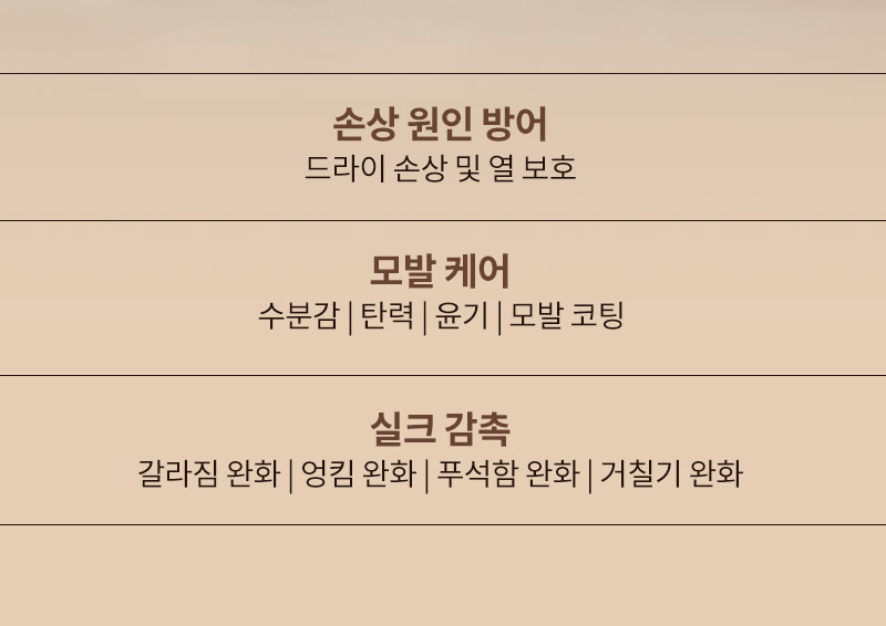 손상 원인 방어 : 드라이 손상 및 열 보호, 모발 케어 : 수분감, 탄력, 윤기, 모발 코팅, 실크 감촉 : 갈라짐 완화, 엉킴 완화, 푸석함 완화, 거칠기 완화