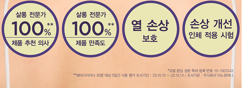 살롱 전문가 100%** 제품 추천 의사 / 살롱 전문가 100%** 제품 만족도 / 열 손상 보호 / 손상 개선 인체적용시험